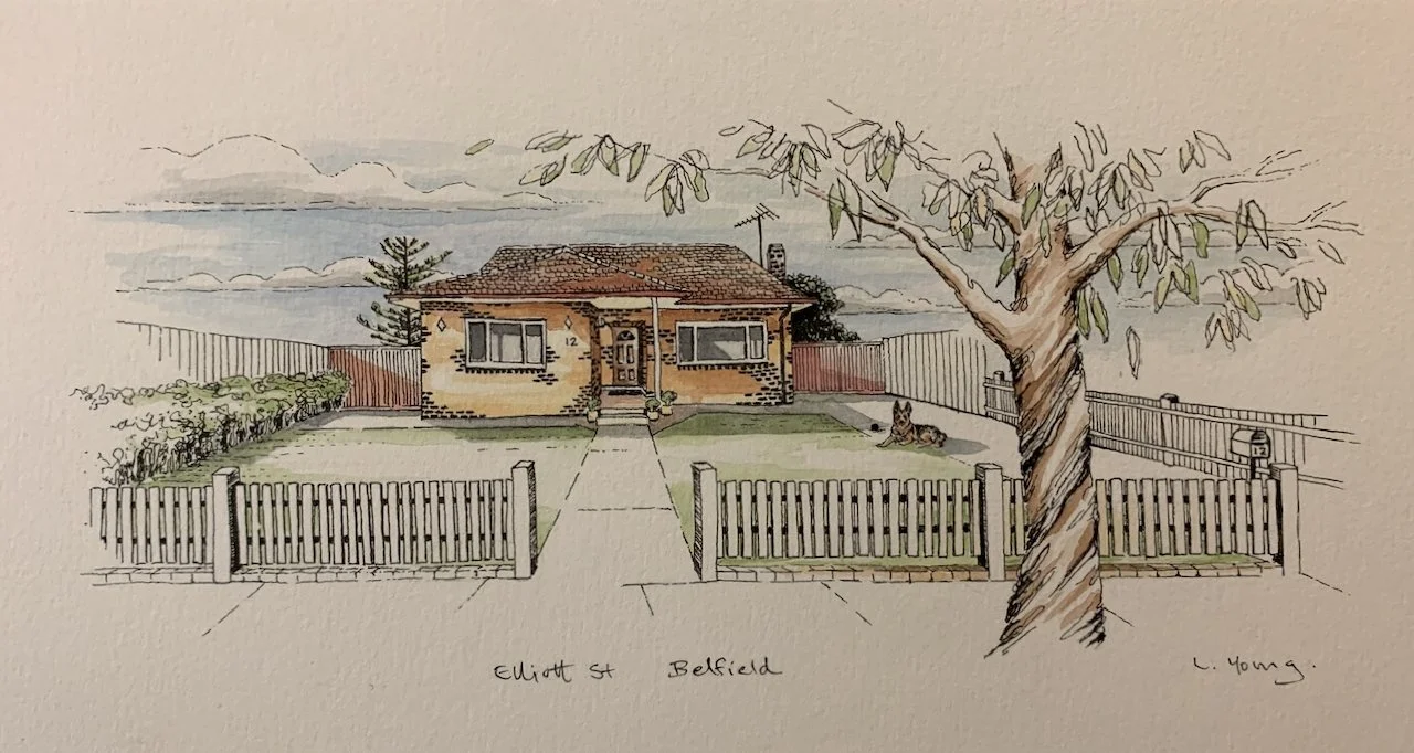 Illustration of a single-story house with a brick facade, front yard with a wide walkway, and a large tree on the right. A dog is lying down on the lawn on the right side. The house has a small porch and fenced yard, with the street labeled 'Elliott 