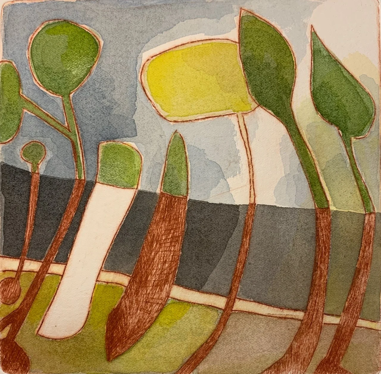 A watercolor painting of various green and yellow plant leaves with brown stems against a background of blue, gray, black, and green areas.