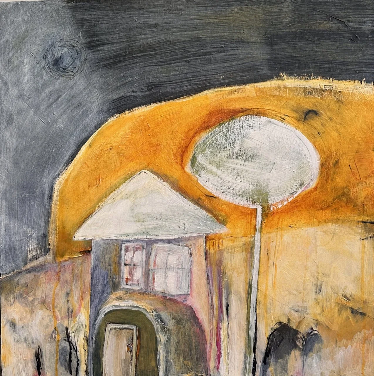 Abstract painting of a house with a white roof, set against a dark sky with orange and yellow hues, and a large white sun or moon.