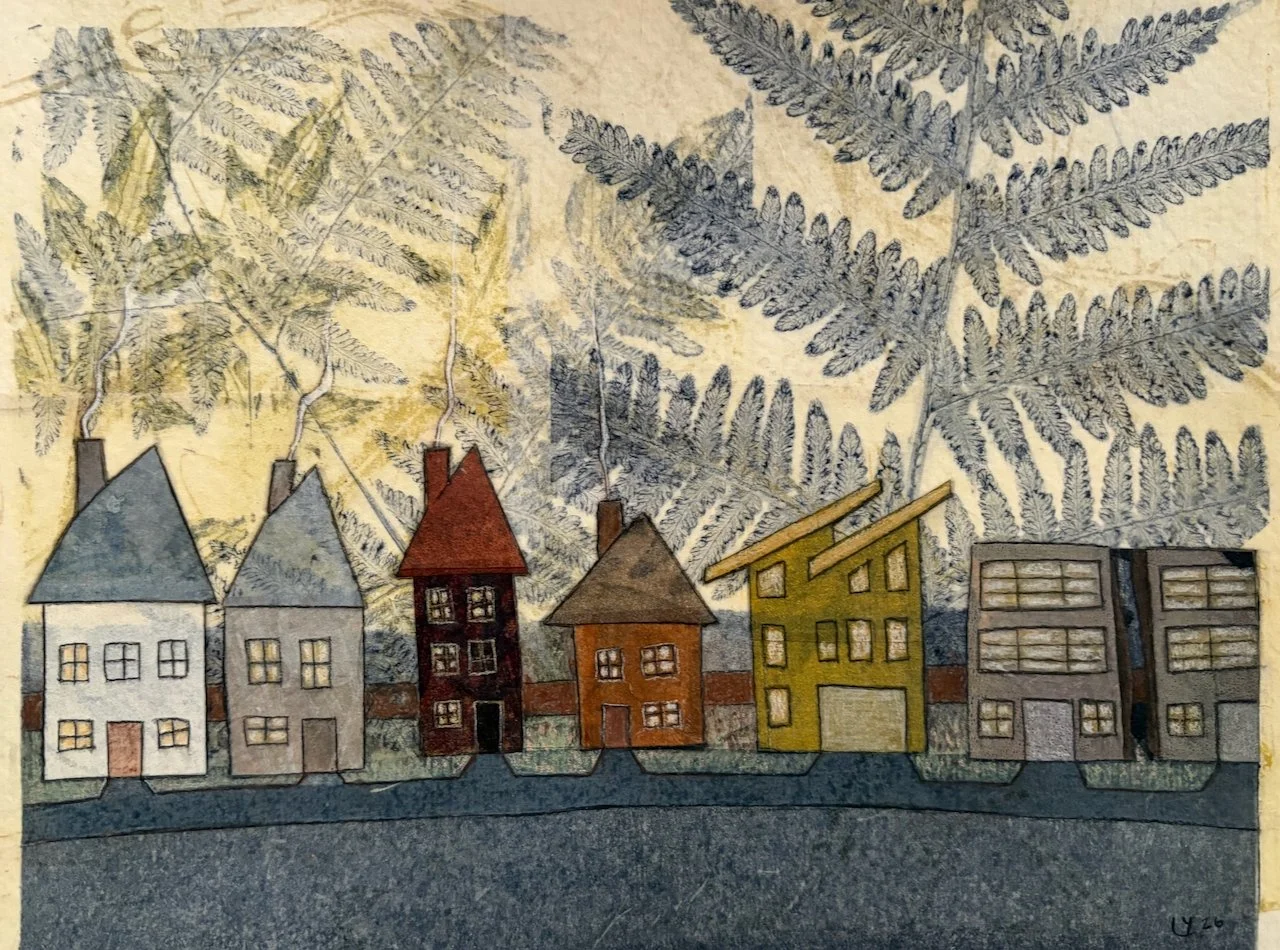 A colorful drawing of a row of houses with different shapes and colors, set against a background of large fern leaves.