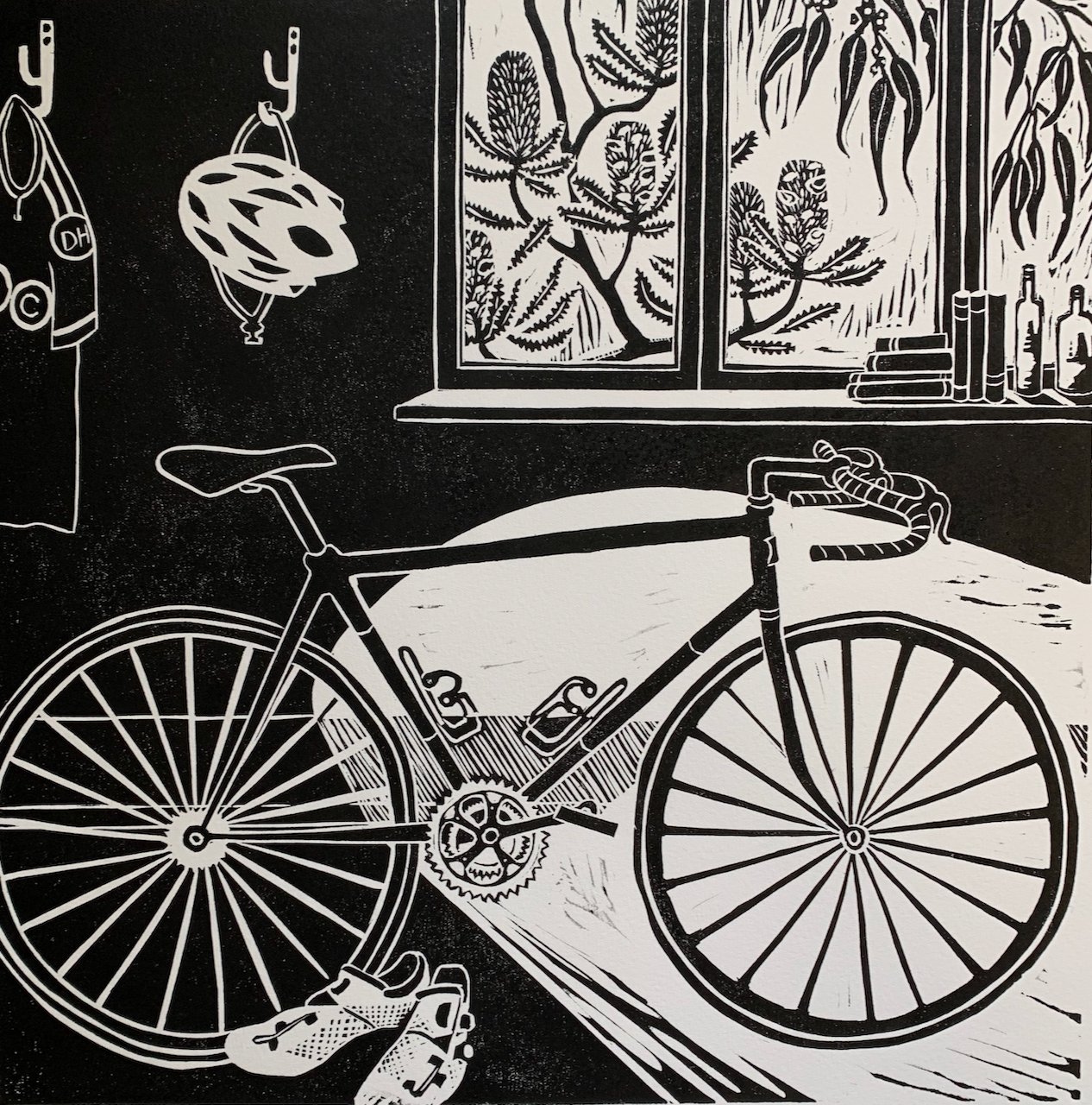Black and white illustration of a bicycle inside a room with a window, books, bottles, and a helmet hanging on the wall.