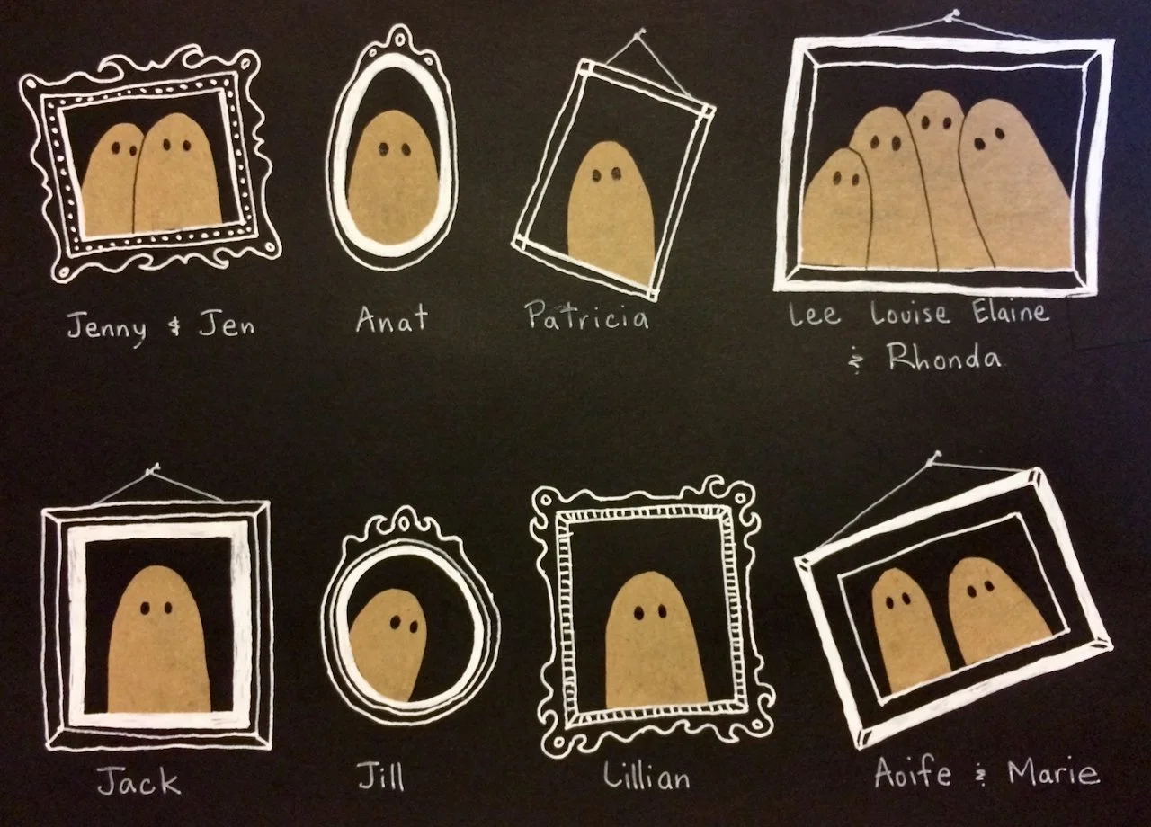 Illustration of ghost figures in decorative picture frames with names underneath, including Jenny & Jen, Anat, Patricia, Lee, Louise, Elaine, Rhonda, Jack, Jill, Lilian, and Aoife & Marie, against a black background.