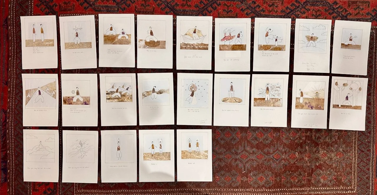A collection of illustrated cards laid out on a patterned carpet, each showing a different figure or scene, with some images including people, animals, and various settings.