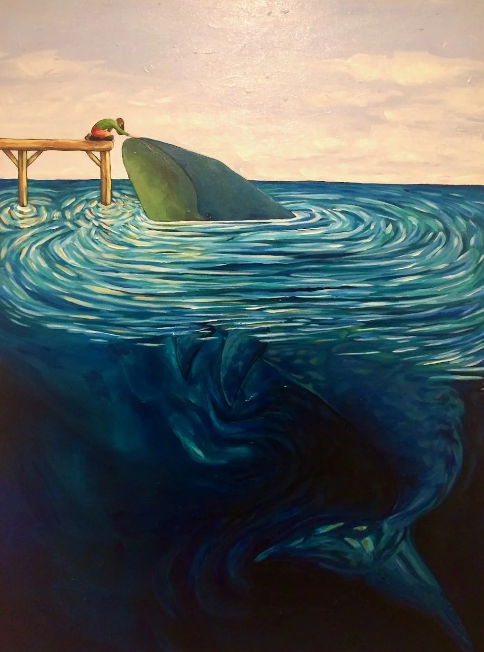 A painting of a person on a dock leaning over to touch the nose of a large whale near the water's surface, with the whale's massive tail visible below.