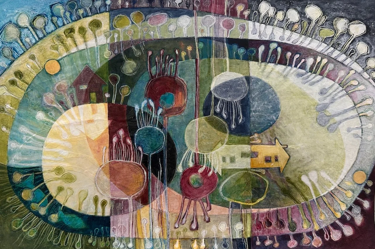 An abstract painting with colorful circular shapes, lines, and house-like structures, featuring a large oval central shape with radiating patterns around it.