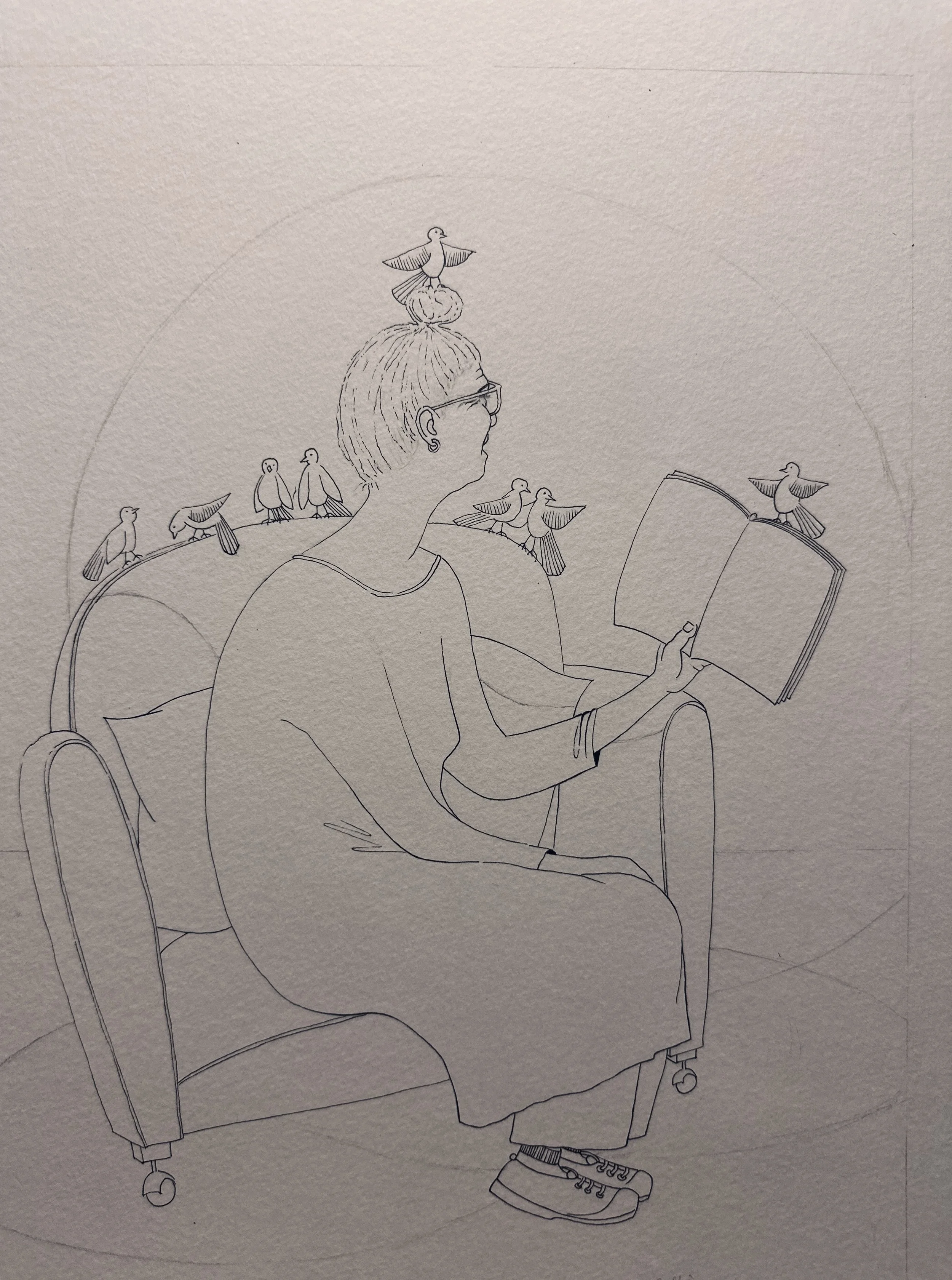 A line drawing of a woman sitting on a chair, reading a book, with small birds on her head, shoulders, and a bird perched on her head, all illustrated in a simple outline style.