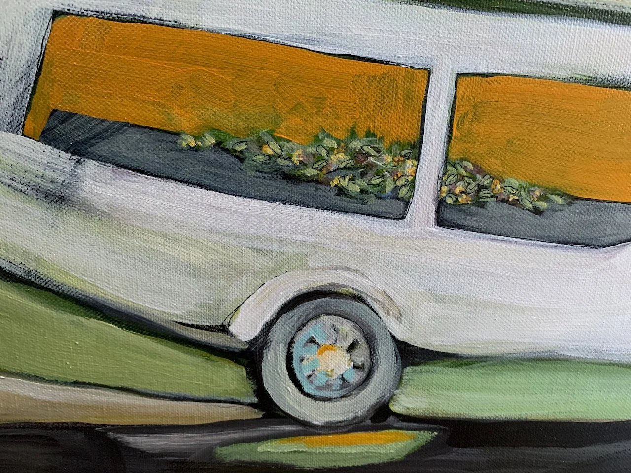 Painting of a vintage white car with green accents and orange window panels.