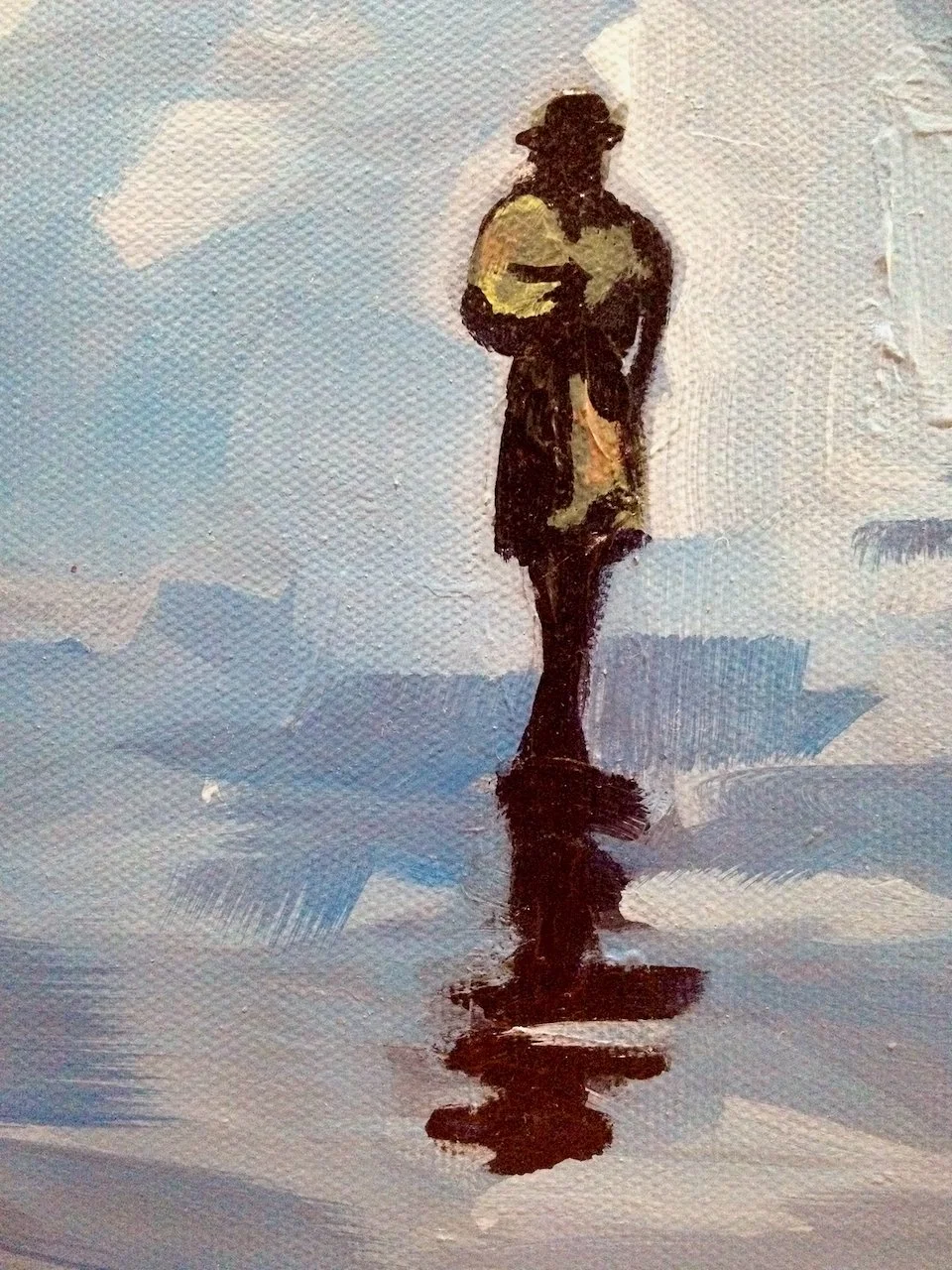 Painting of a person in a waterproof suit with a helmet standing with arms crossed, reflected in water.