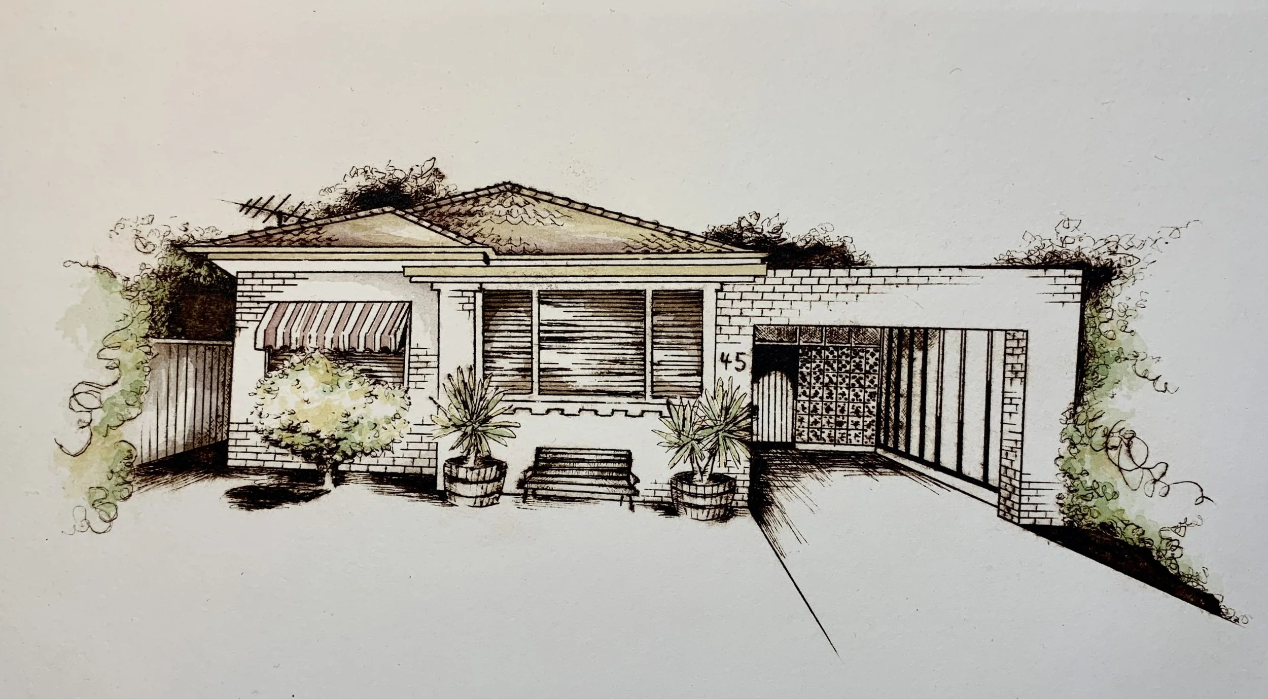 Hand-drawn architectural illustration of a modern house with garden elements, brick and wooden features, and greenery surrounding the structure.
