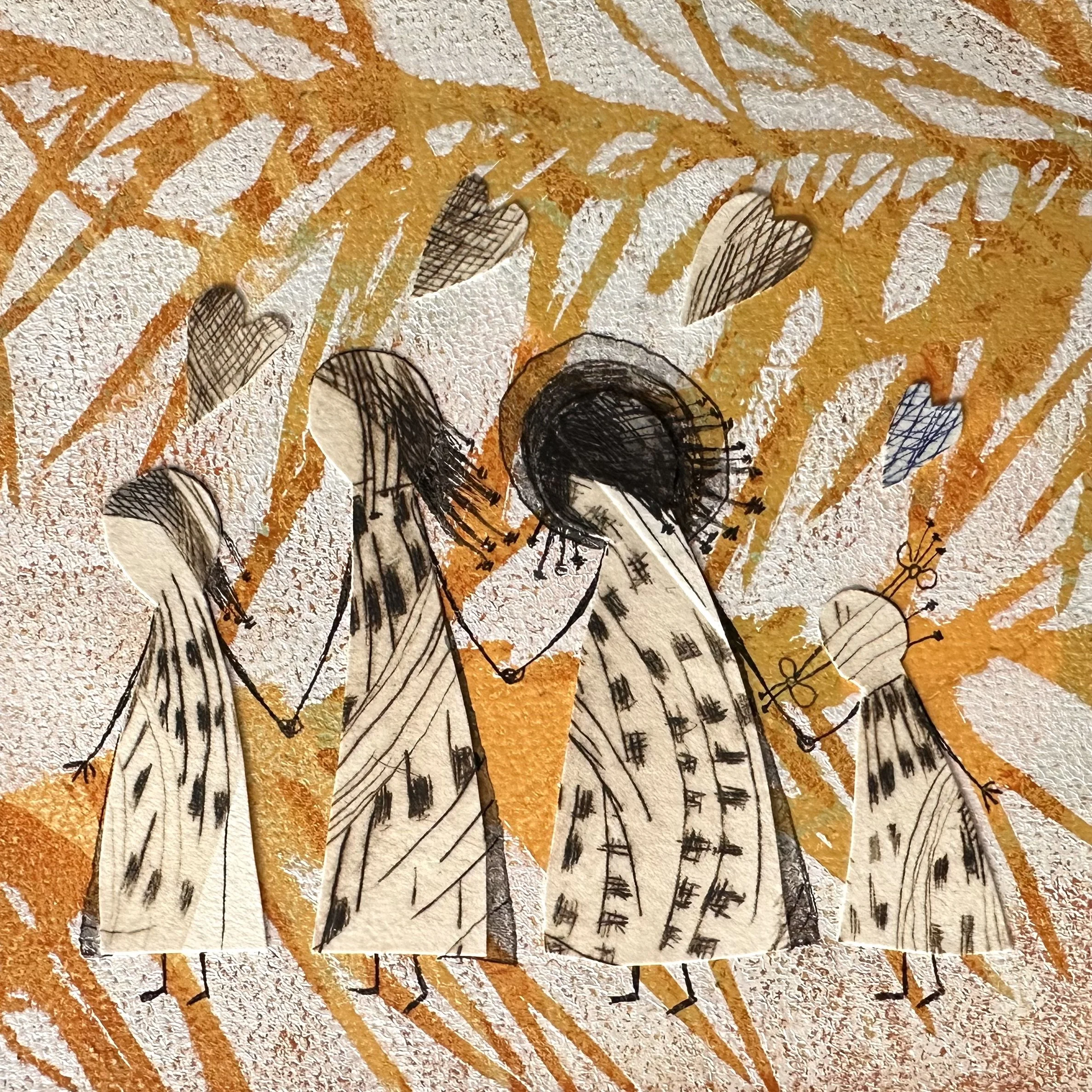 Abstract artwork featuring orange lines and black hand-drawn hearts on a textured background