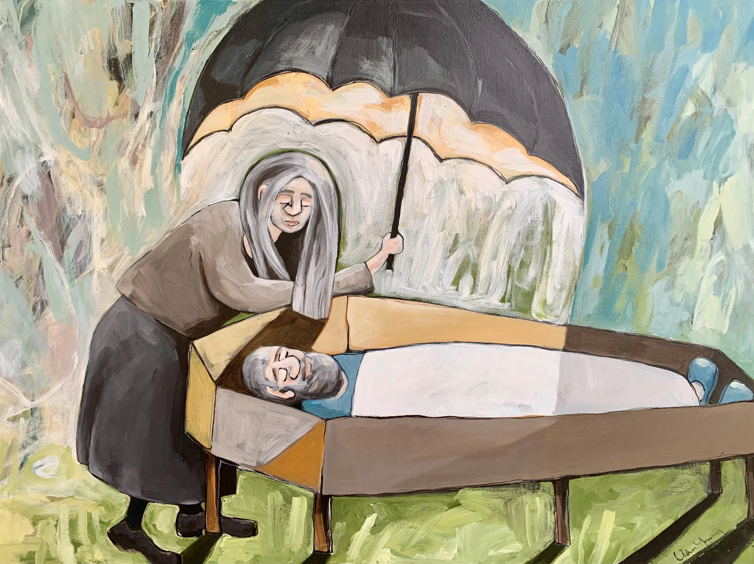 A colorful abstract painting depicting a woman with long grey hair overlooking a man with grey hair in a c with eyes closed, holding an umbrella. The background has soft pastel colors with trees and sky, and a child with glasses sitting at the table.