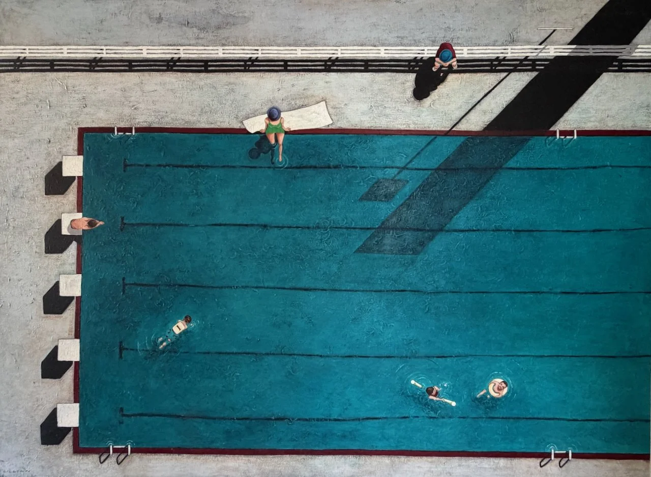 Top-down view of a swimming pool with four people, including two children swimming, a towel on the edge, and two people standing on the poolside, casting shadows.