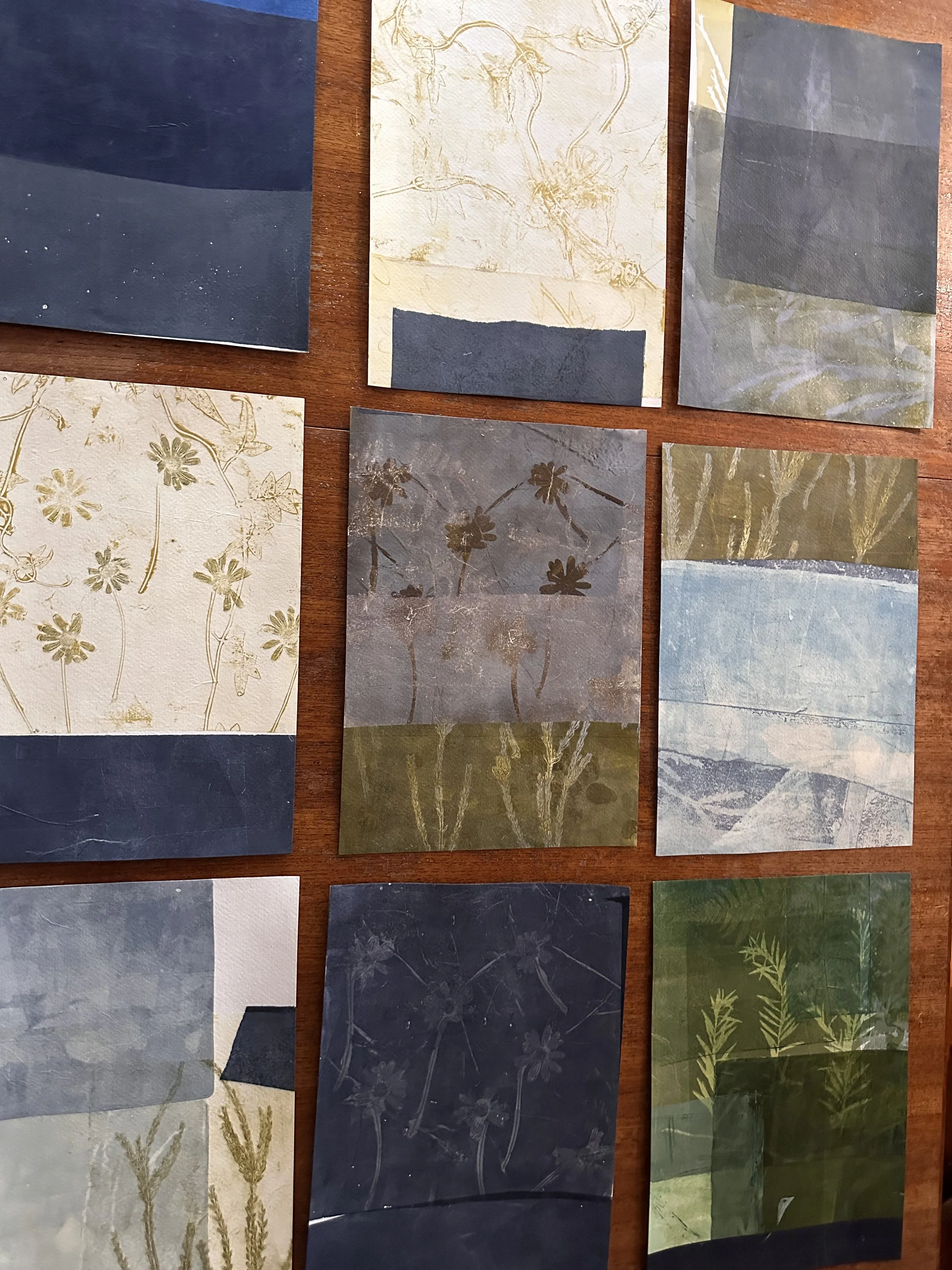 Collection of paper sample sheets with nature-themed prints and drawings, including botanical illustrations of plants and flowers in various shades of green, white, and dark backgrounds.