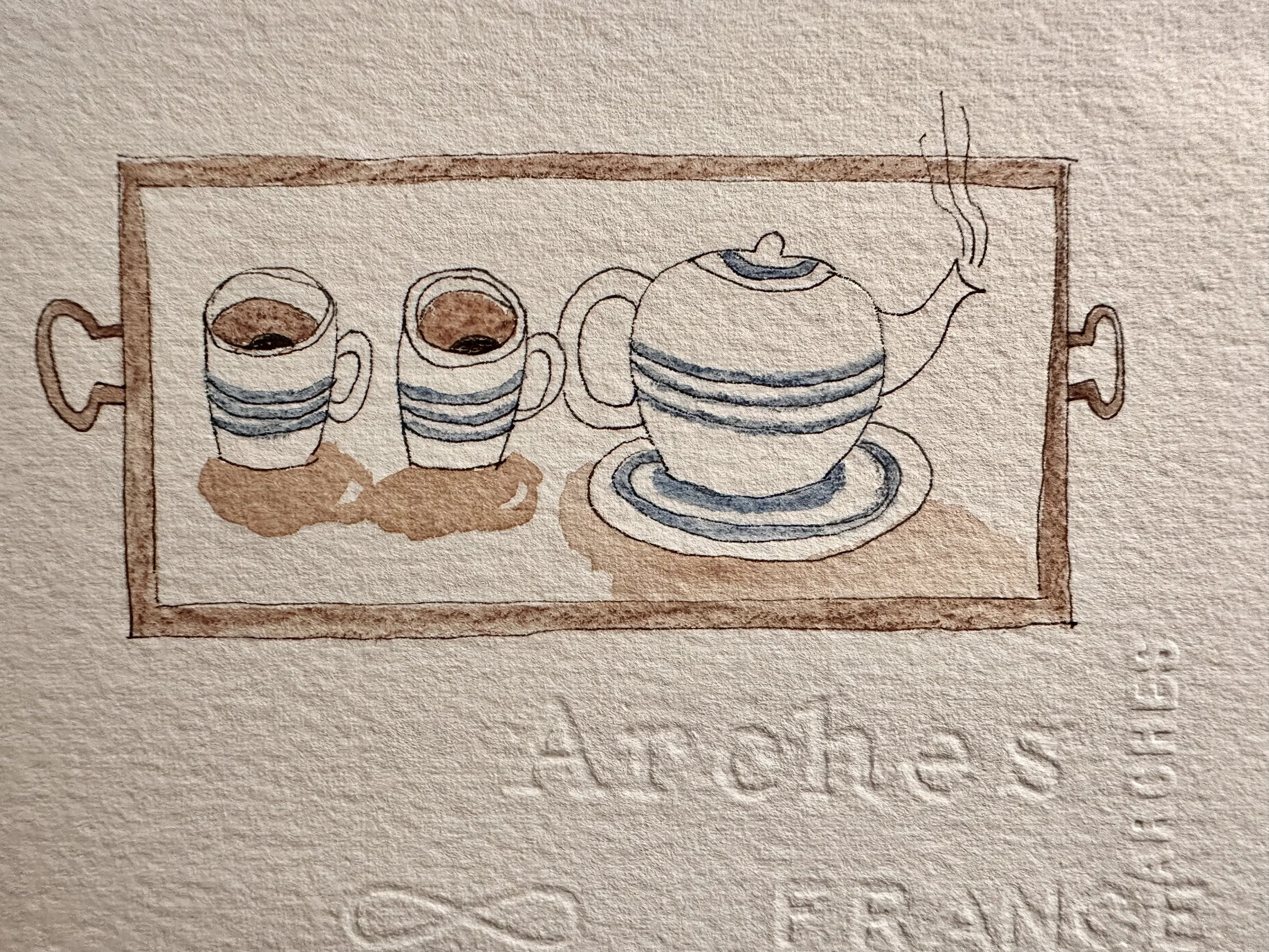 A hand-drawn illustration of a tea set, including a teapot and two teacups, on a tray with some shadowing and outlined in thin black lines, with soft brown coloring for the teapot and cups.