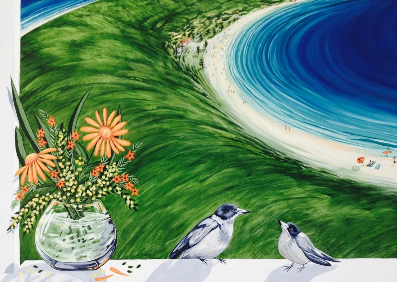 Colorful painting of a green hillside with a beach and ocean in the background, a vase with orange flowers and greenery on a white surface, and two small birds in the foreground.