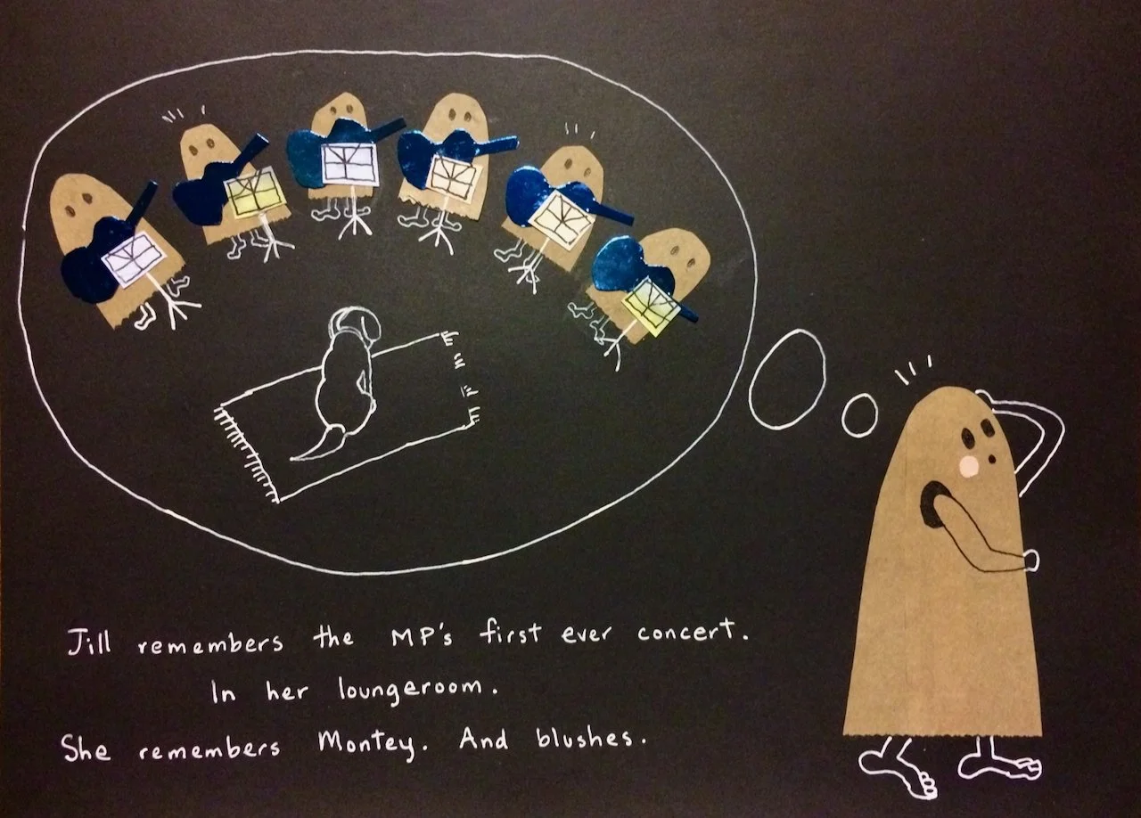 A drawing of a person listening to a concert in their living room, imagining a band of personified musical notes playing instruments, with a handwritten note about recalling a first concert and remembering someone named Monkey.