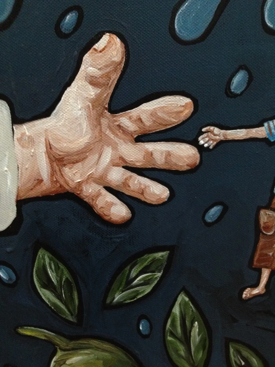 Close-up of a hand with an extended index finger reaching out toward a small figurine with a backpack, set against a dark background with leaves.
