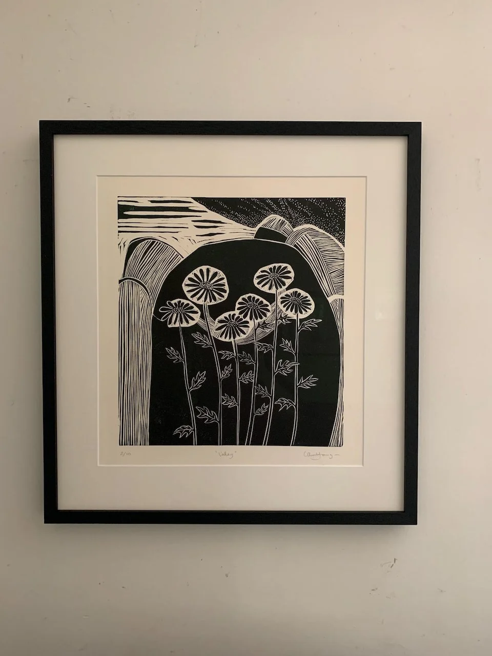 Black and white framed artwork of flowers with rounded petals, set against a stylized landscape background.