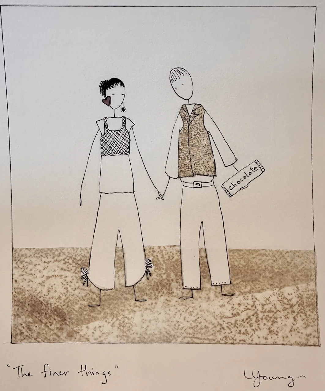A minimalist line drawing of two people holding hands. One person holds a chocolate bar, and the scene is titled 'The finer things'.