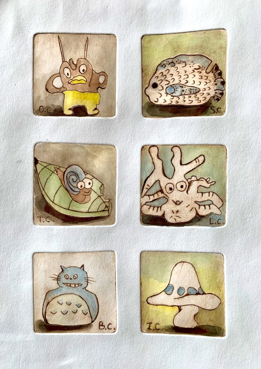 Six  cartoon-style illustrations of different creatures, each in a small square frame, arranged in two columns and three rows. The creatures include a bug, a fish, a snail, an octopus, a cat, and a mushroom, with initials and age markers in the botto