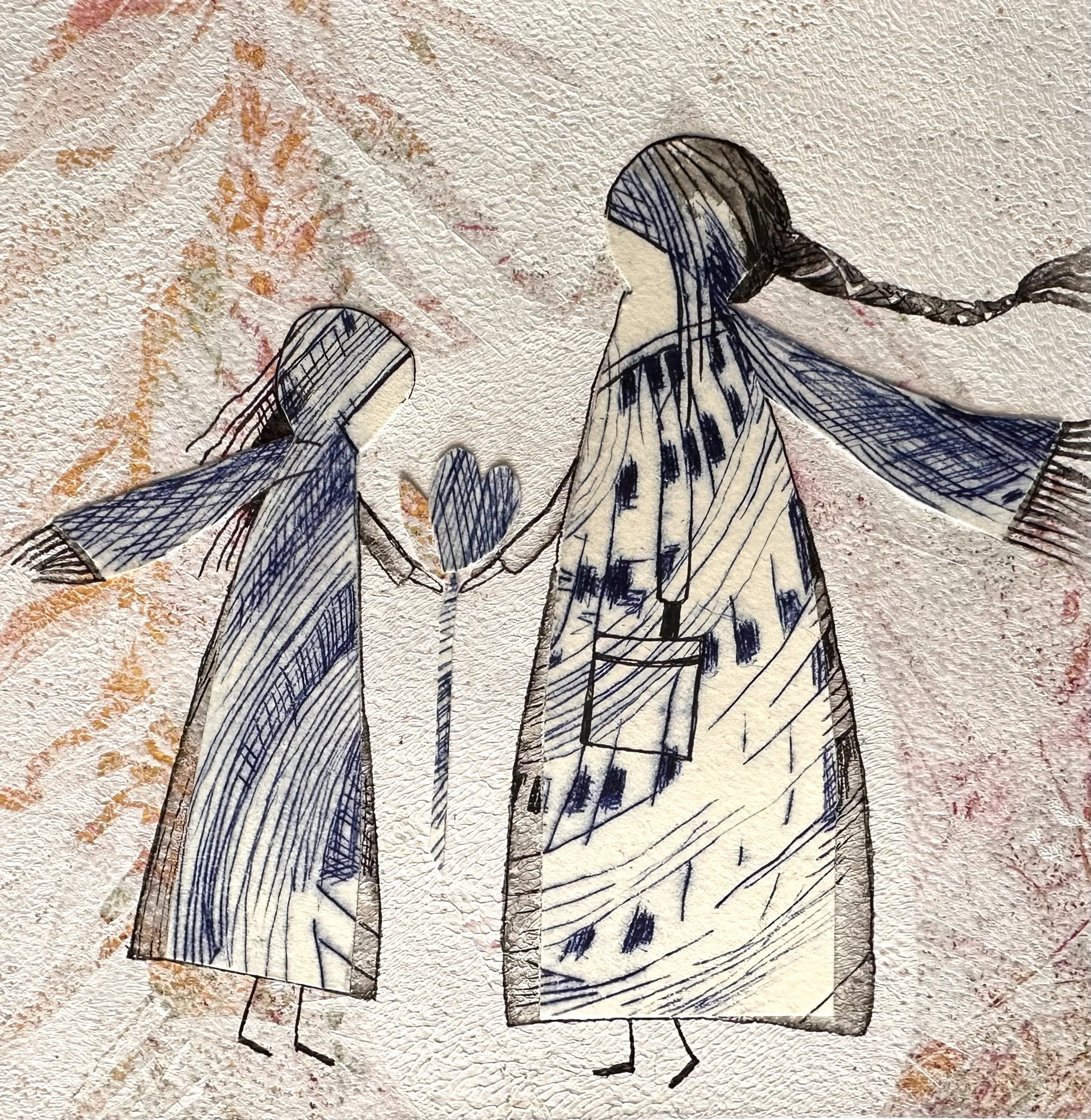 A drawing of two women on textured paper, one with long braided hair, drawn with ink and colored with soft tones.