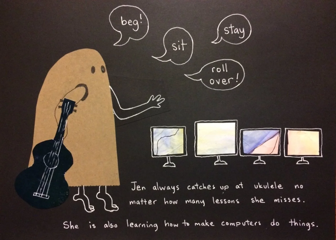 A drawing of a person with a guitar-shaped body and stick legs. The person has five speech bubbles saying "beg!", "sit", "stay", and "roll over!". There are four computer monitors, and a caption below reads "Jen always catches up at ukulele no matter