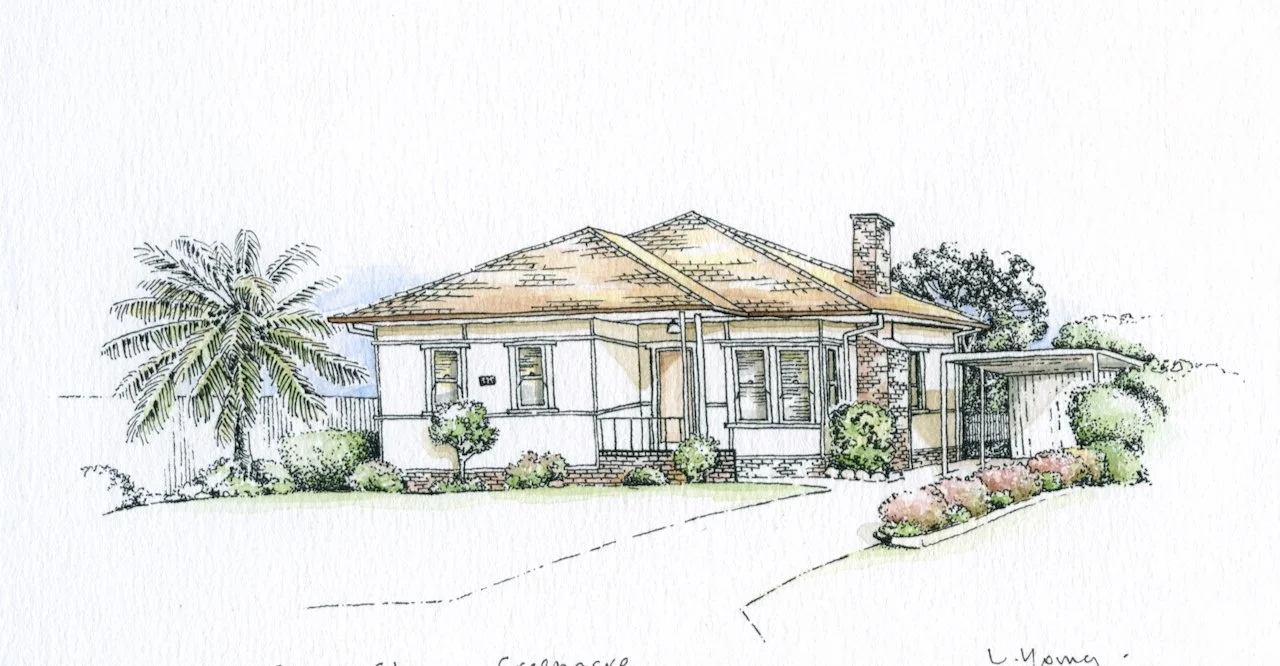 Hand-drawn sketch of a single-story house with a brown shingle roof, brick chimney, front porch, surrounded by bushes, trees, and a curved driveway.