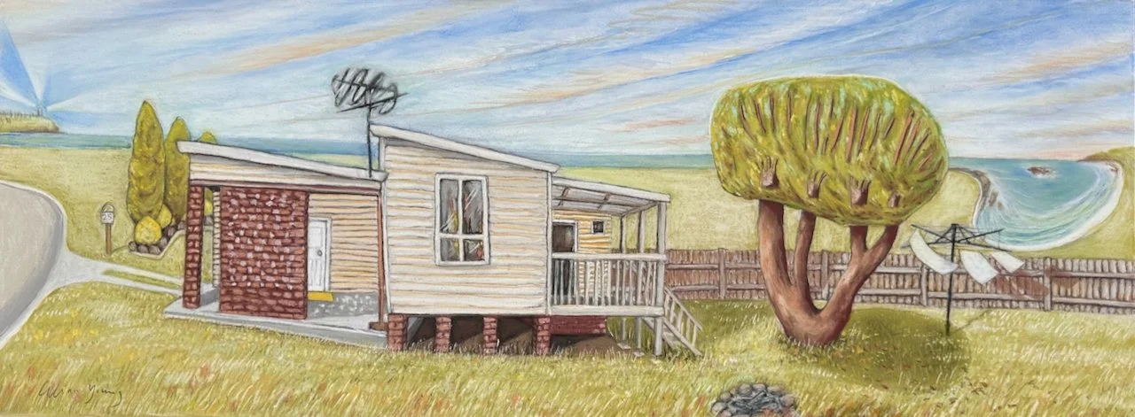Painting of a small house with a wooden porch, surrounded by grass, a large tree, and a fence, with a scenic beach and ocean in the background.