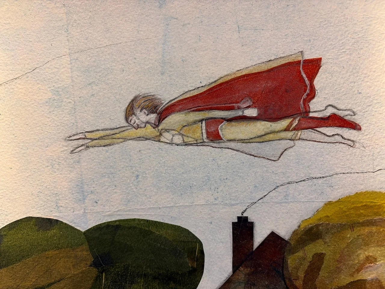 A drawing of a man with wings flying over a landscape with houses and trees, wearing a red cape and yellow clothing.