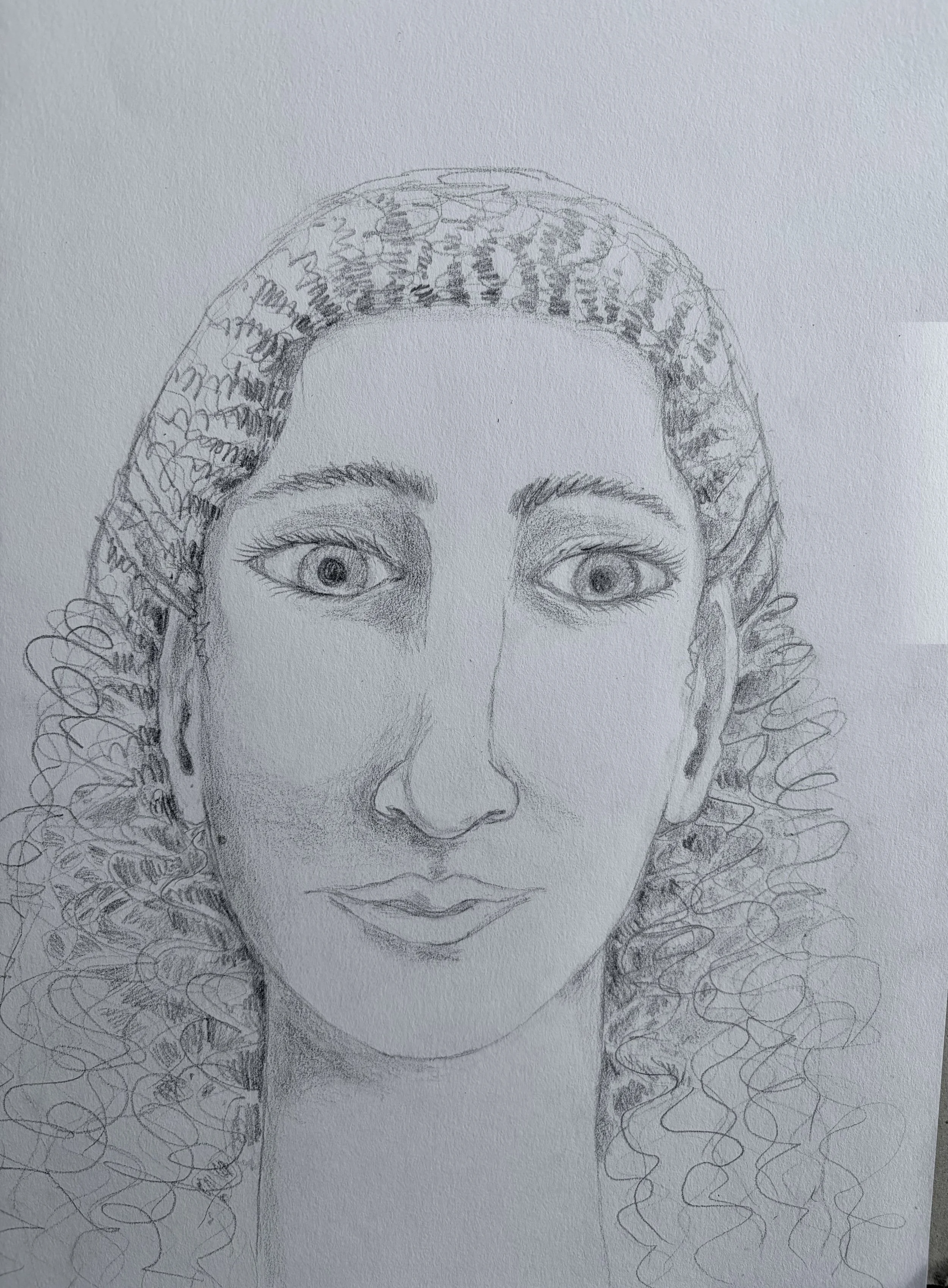 A pencil sketch of a woman's face with curly hair and expressive eyes.