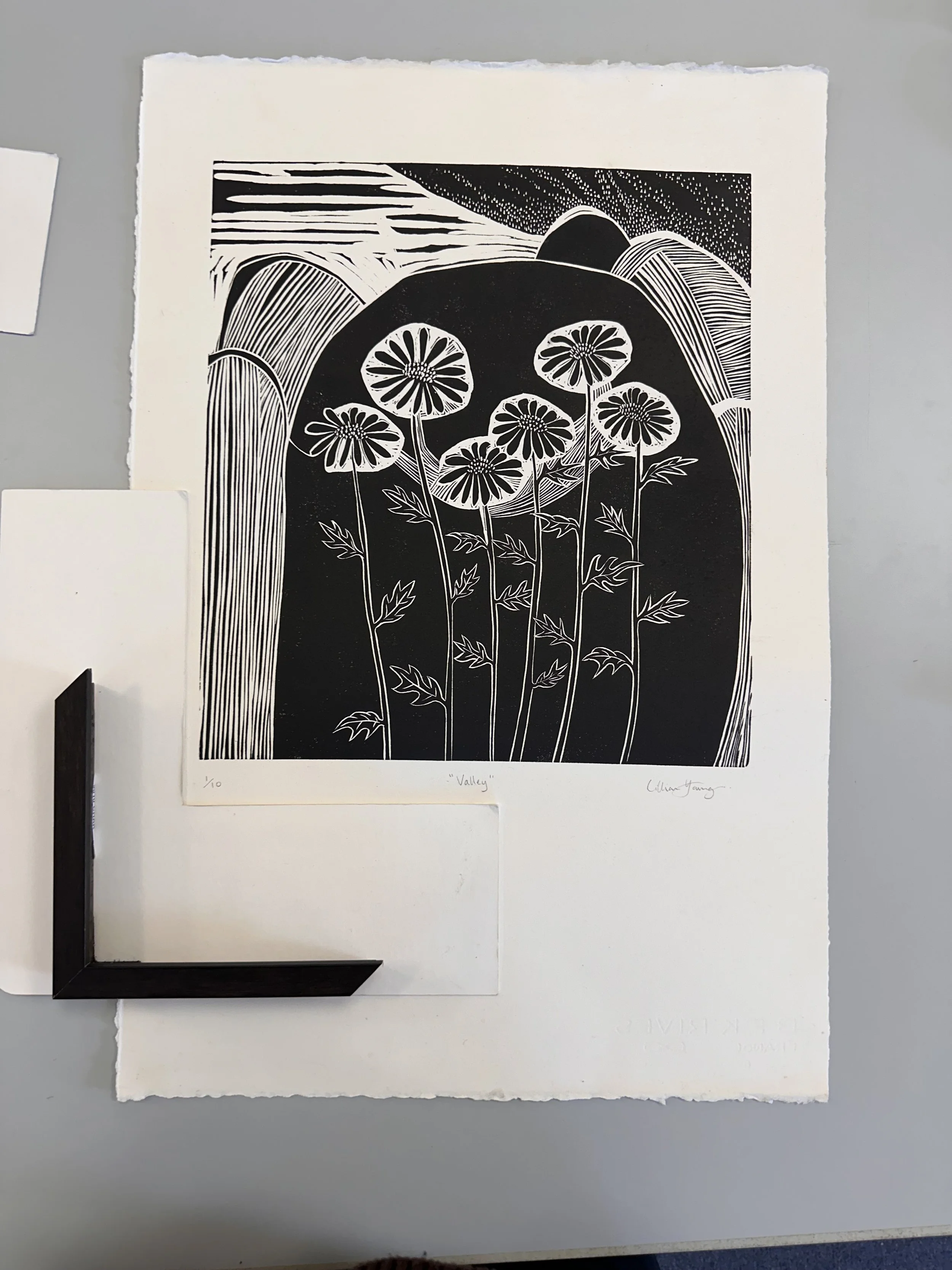 Black and white linocut titled 'Valley' depicting tall flowers with thin stems and round blooms, set against a mountainous landscape with stylized clouds or mist.