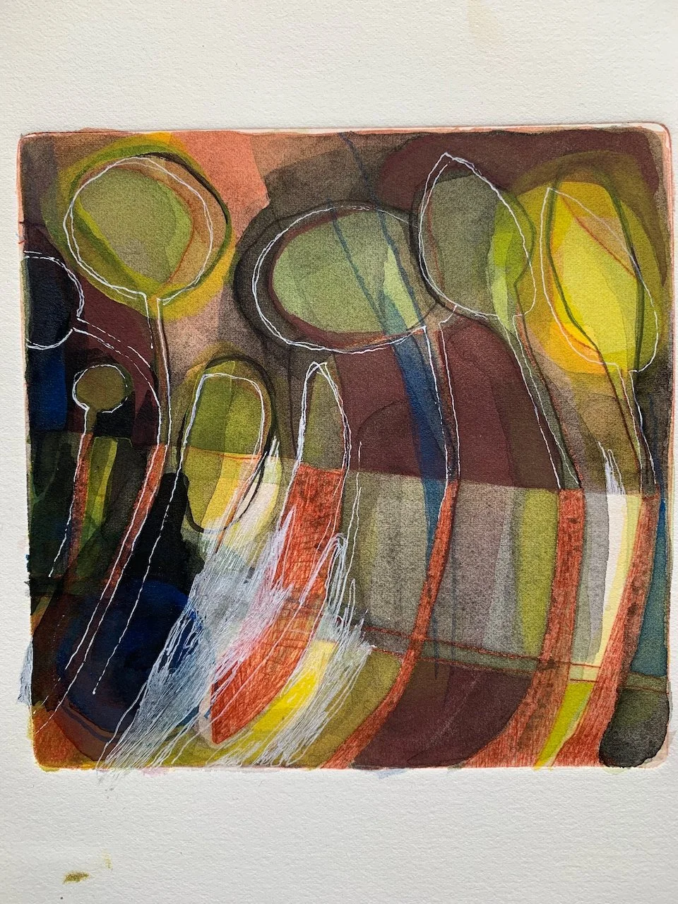 Abstract artwork featuring colorful stylized trees with outlined leaves and flowing lines, using warm and earthy tones.