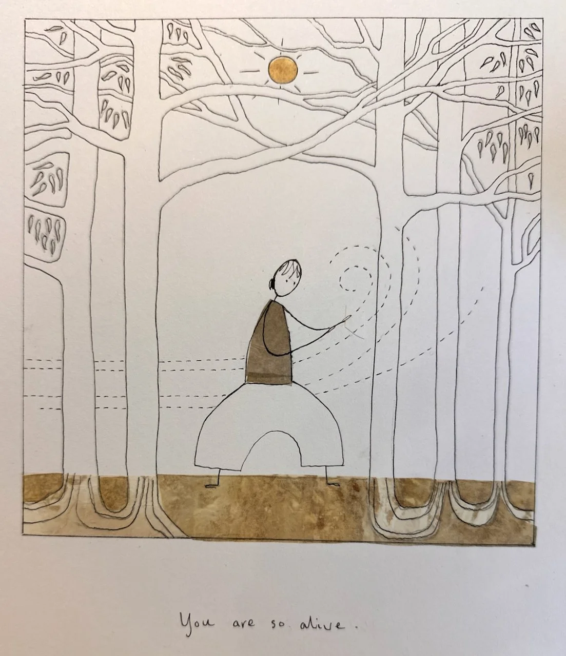 A simple line drawing of a person standing on a large semi-circular rock in a forest with tall, leafless trees and a sun high in the sky. The person holds a stick, and dotted lines swirl around them, indicating movement or energy. The ground has a te