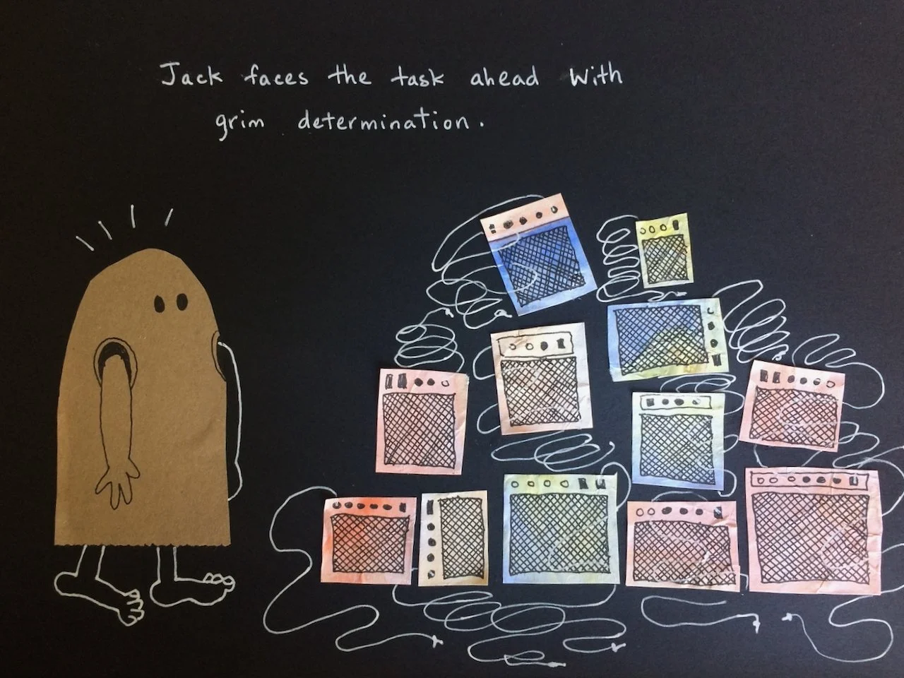A drawing of a character with a cardboard body, small eyes, and feet, facing a tower of colorful, hand-drawn oven illustrations connected by squiggly lines, with text that reads 'Jack faces the task ahead with grim determination.'