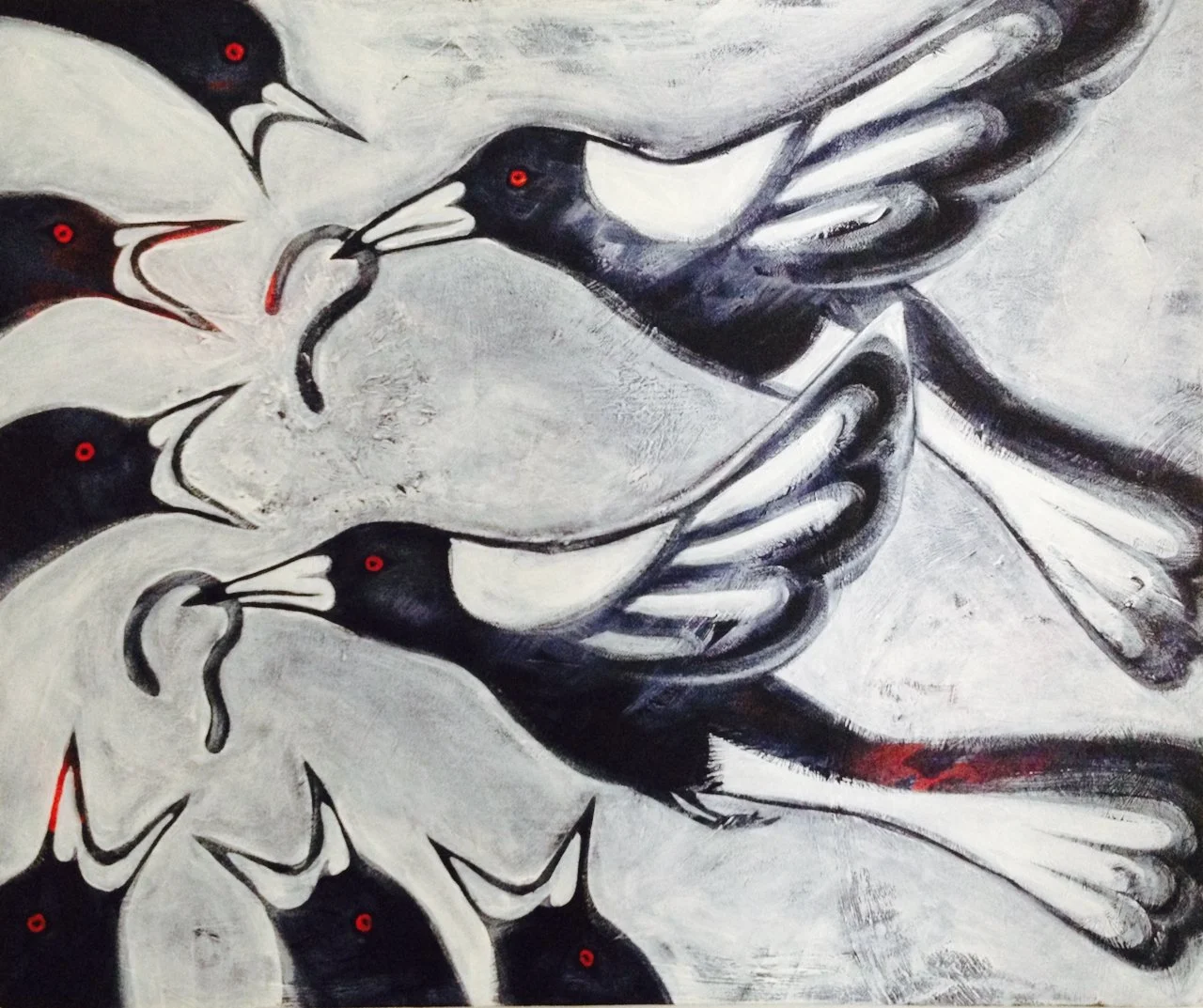 A painting of several stylized birds with black and white bodies and red eyes, some with beaks open or touching each other, on a gray background.