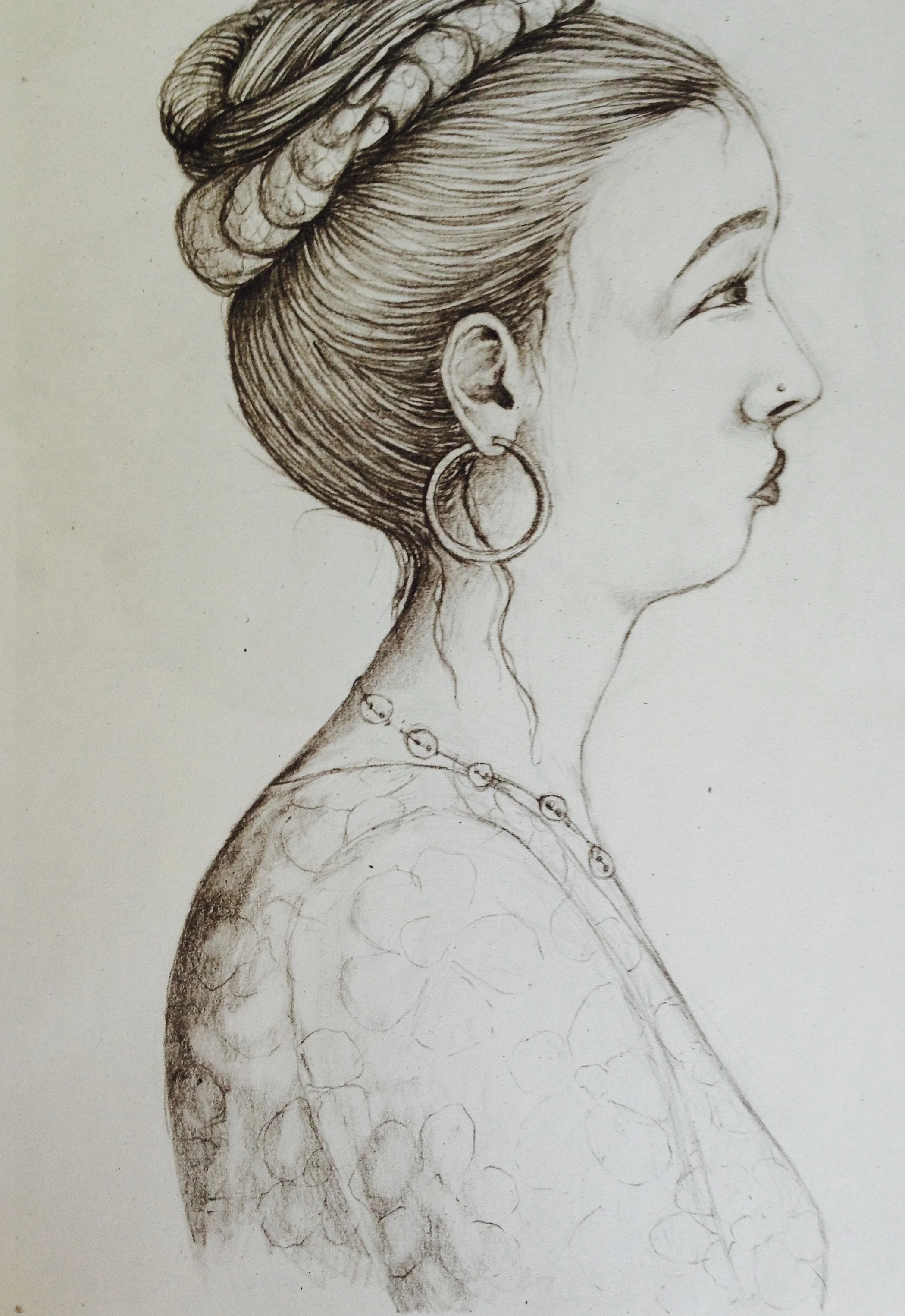 A pencil sketch of a woman in profile with detailed hair styled in a braided updo, wearing an earring and a necklace with circular beads, and a dress with a patterned design.