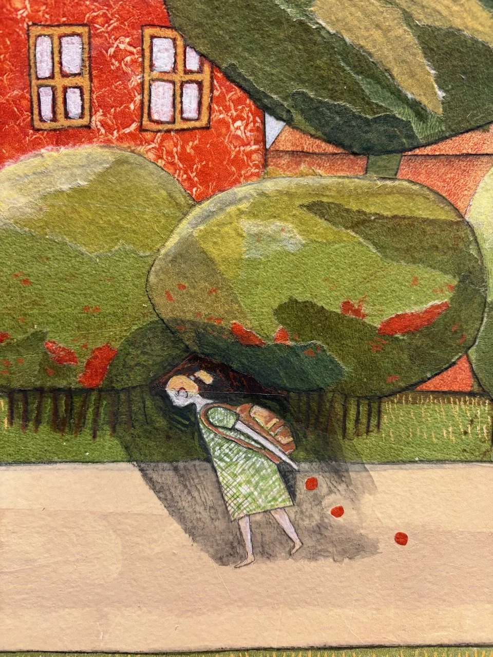 A watercolor painting of a person in a green checkered dress standing under large green and red trees, with a red house with windows in the background.