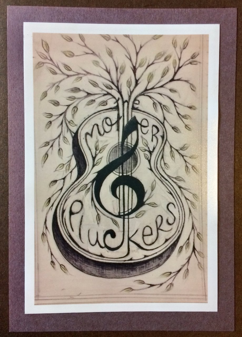 Artwork of a guitar with branches and leaves growing from it, with the words "MOTHER PLUCKERS" incorporated into the design.