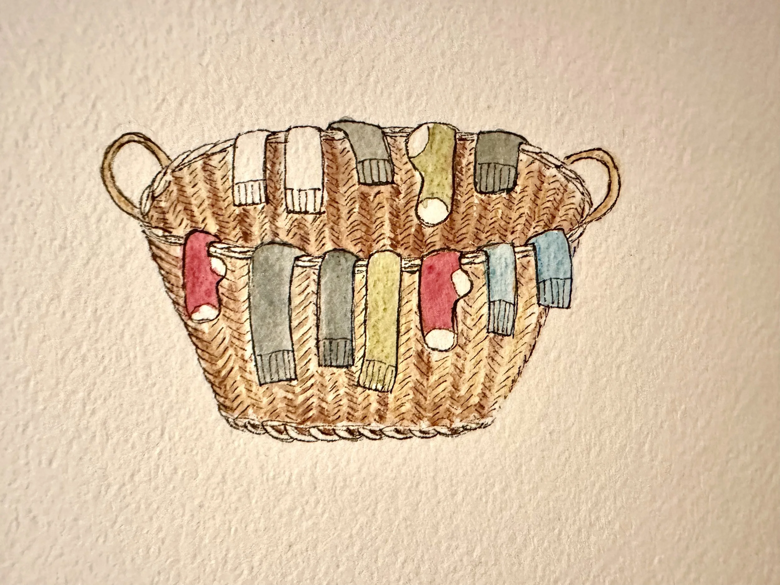 Colorful, hand-drawn illustration of a woven basket filled with various colored socks.