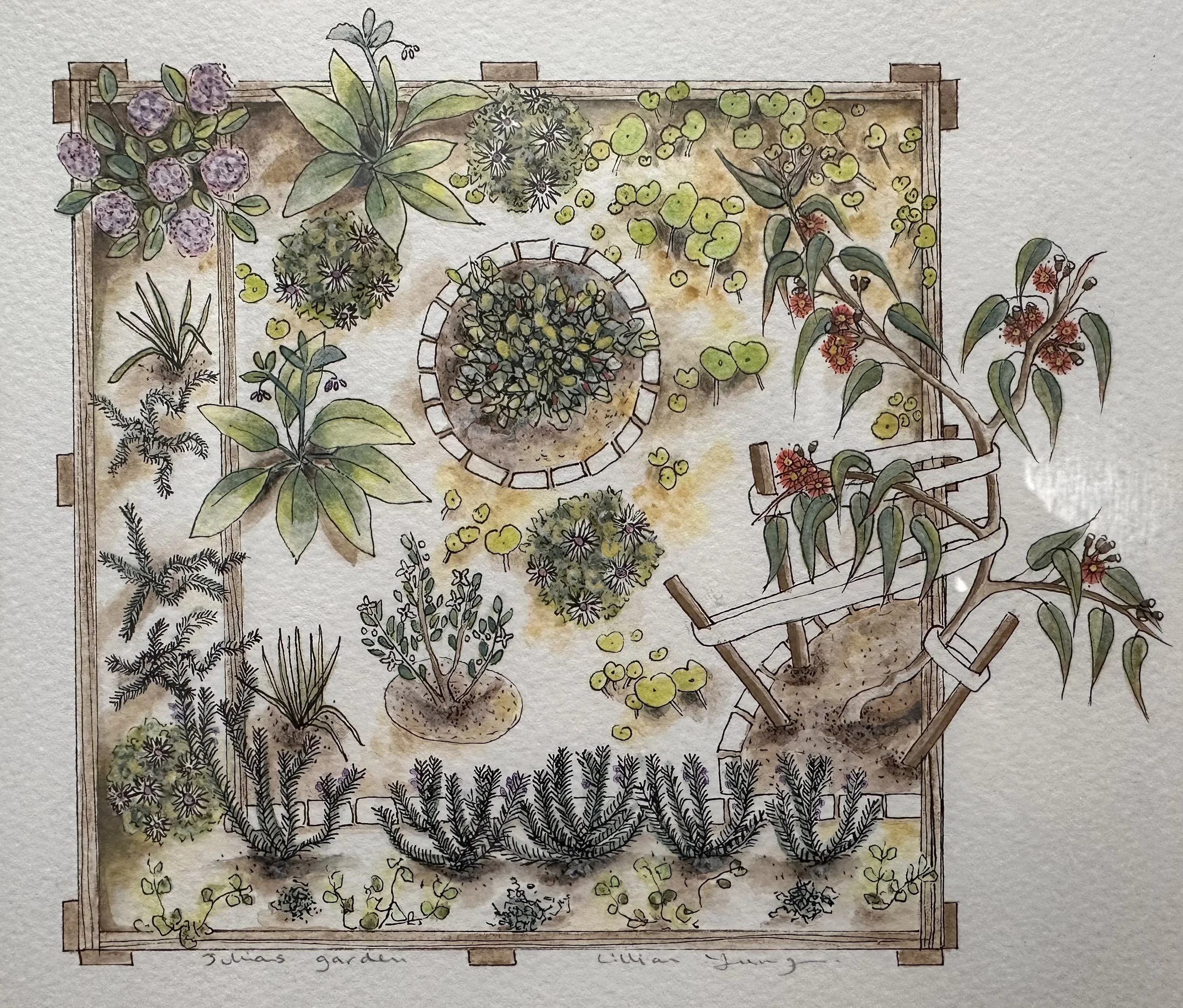 A watercolor botanical garden illustration with various plants and flowers, including purple flowers on the left, green leaves in the center, and red-orange flowers on the right, enclosed within a wooden frame.