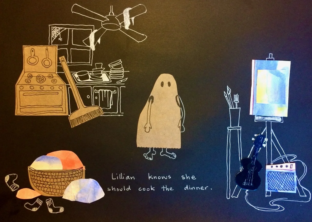 Doodle-style drawing on a dark chalkboard background of a kitchen, with a stove, cabinet, and window on the left. A broom leans against the stove. In the center is a simple character with a ghost-like shape, two eyes, and stick-figure arms and feet. 