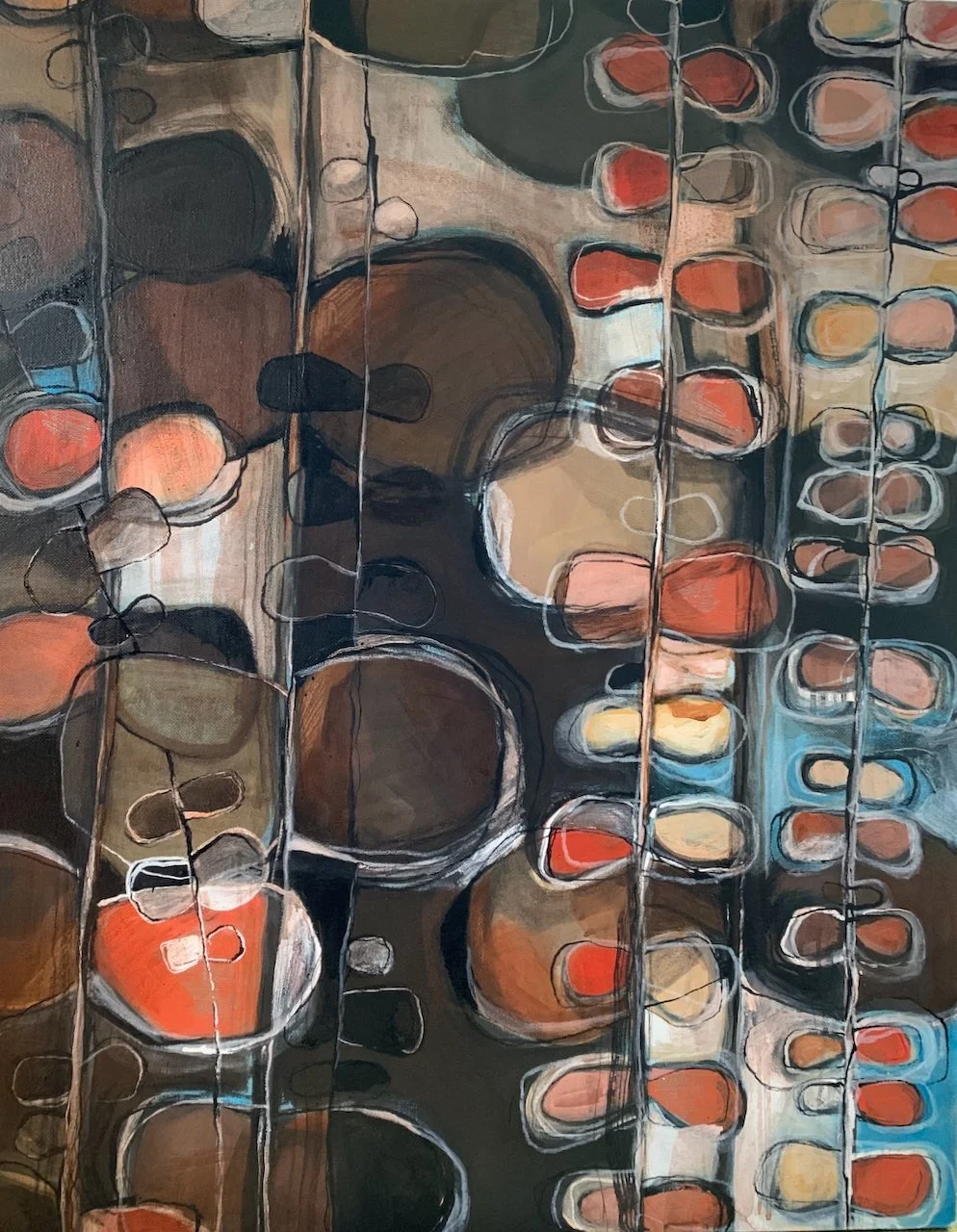 Abstract painting with overlapping circles and ovals in warm colors like brown, orange, beige, and hints of blue and white, with vertical dark lines dividing the composition.