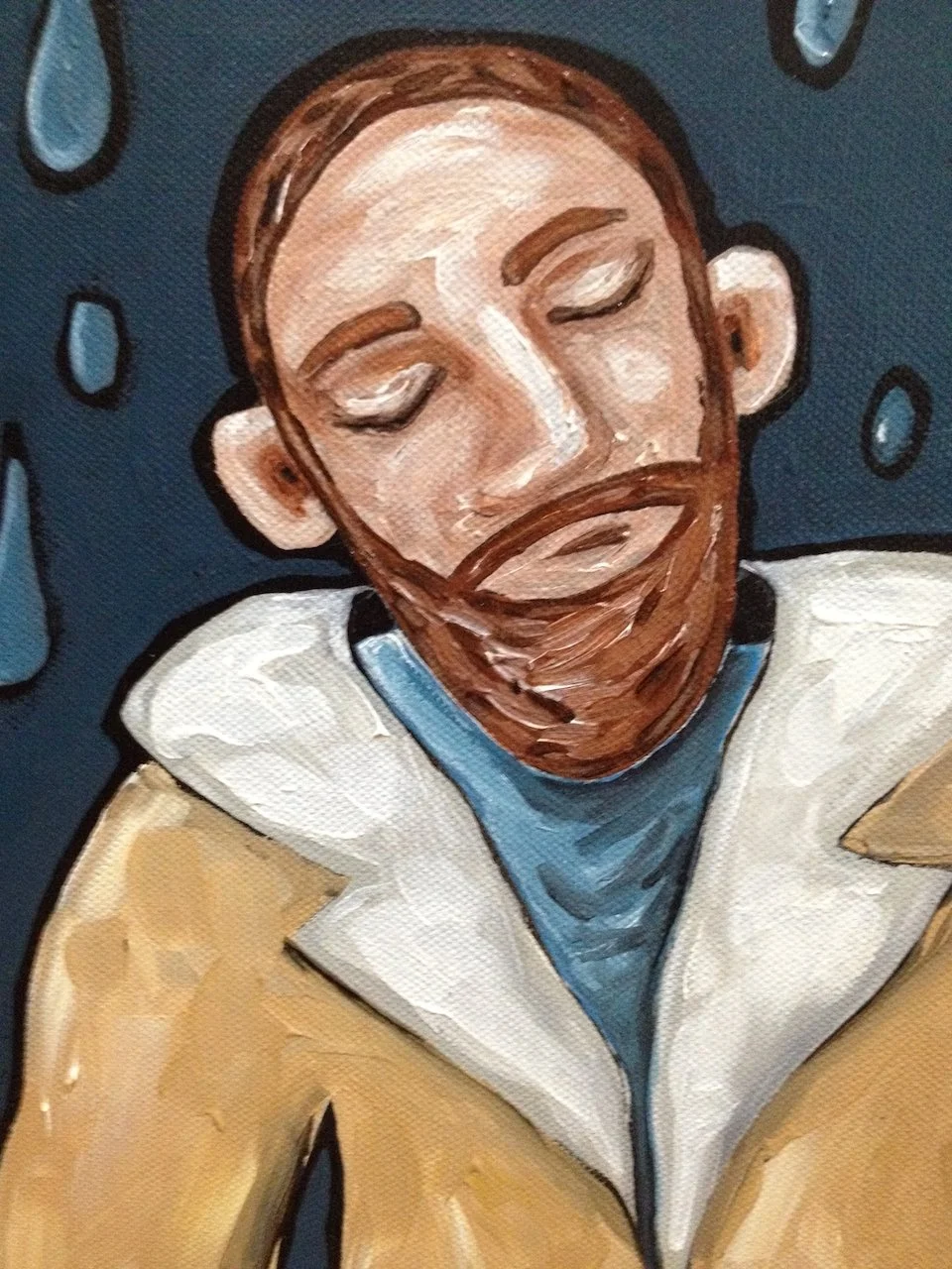 Painting of a man with closed eyes, a beard, and wearing a jacket against a dark background with blue water drops.