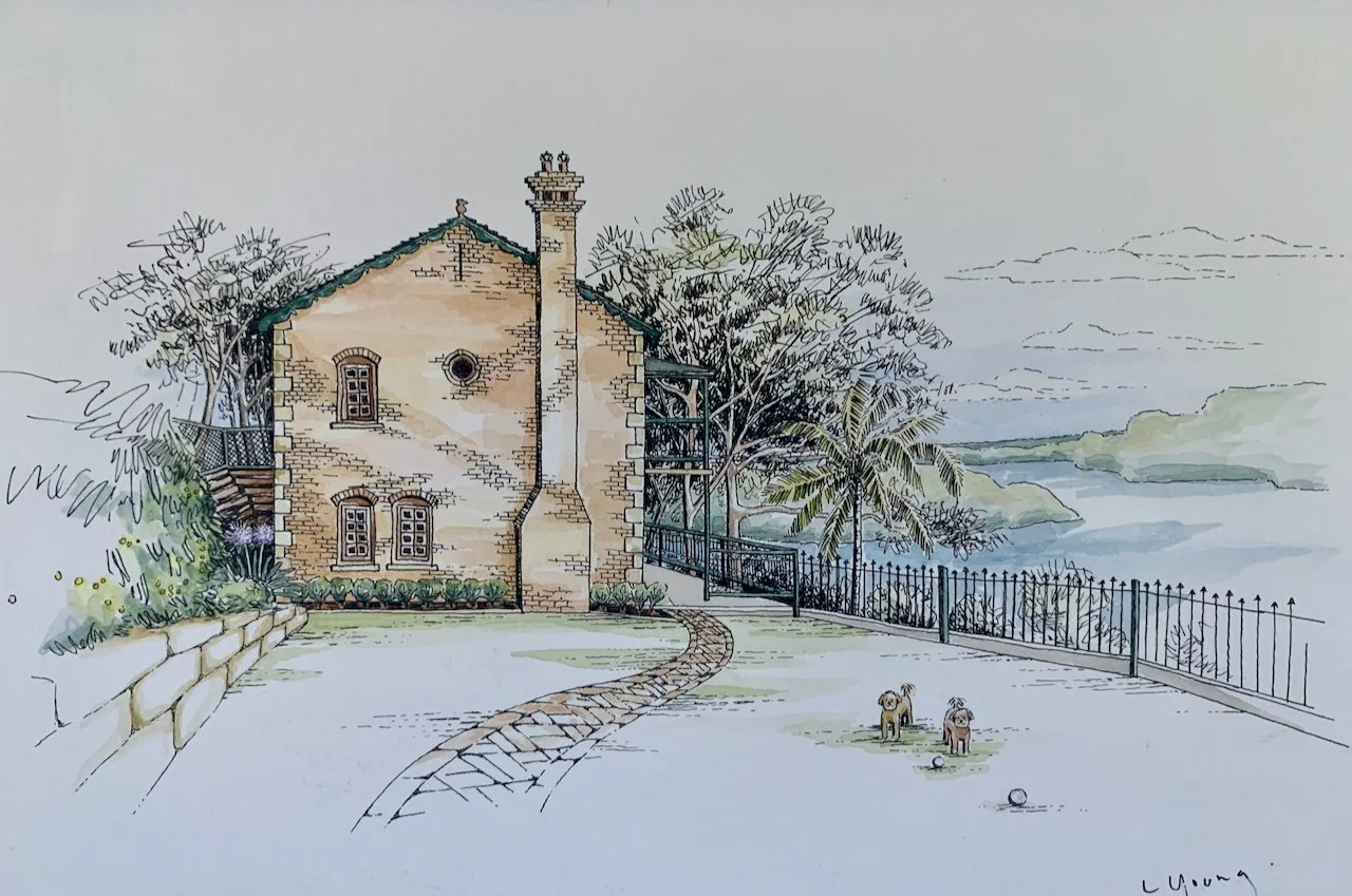 A watercolor illustration of a house with brick and stone walls, surrounded by trees, overlooking a body of water with hills in the background. There are two dogs playing on a pathway near a fence.