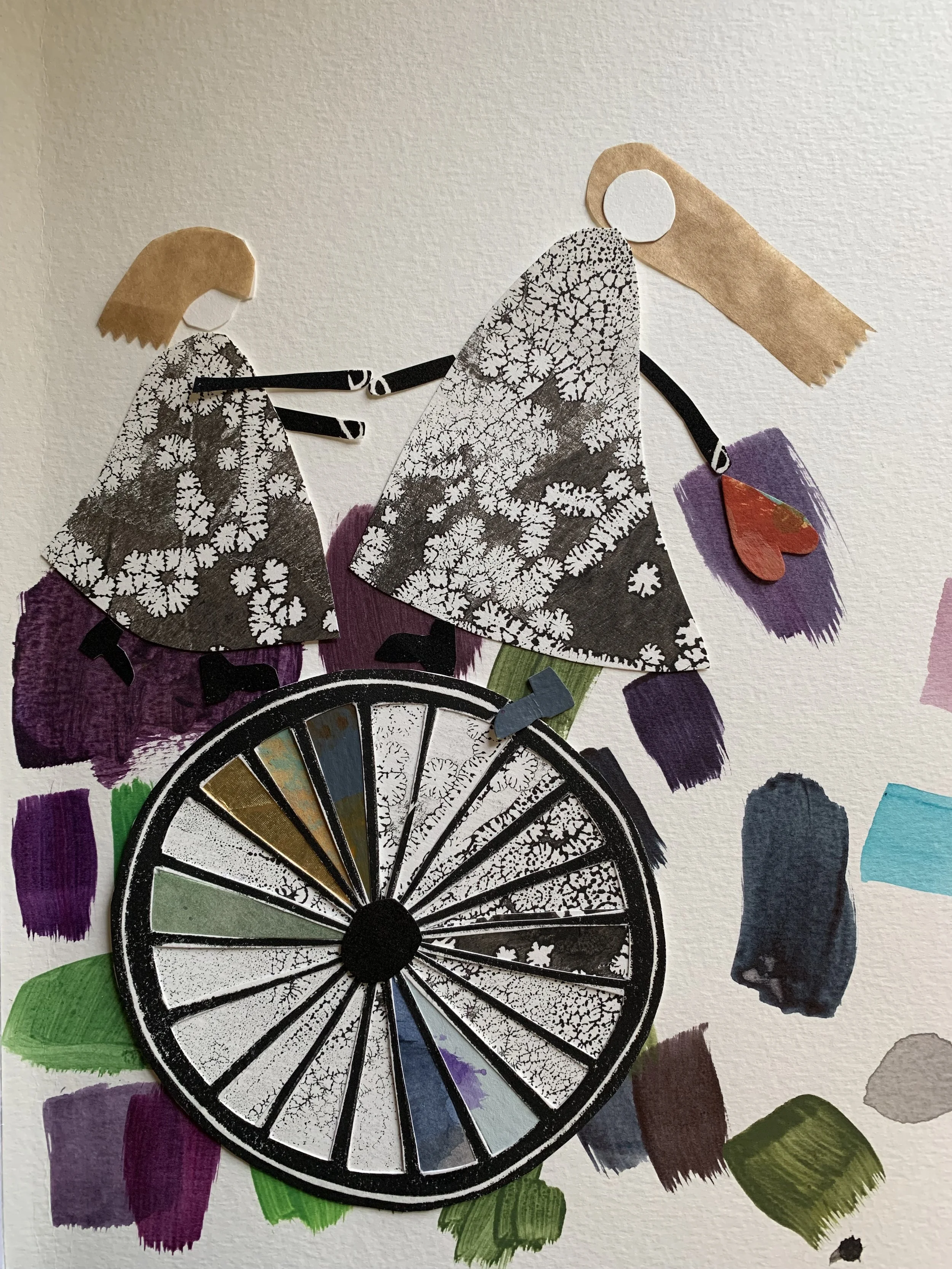 A collage of abstract art featuring a black and white wheel and cut-out paper figures of people holding hands, with colorful painted backgrounds and textured patterns.