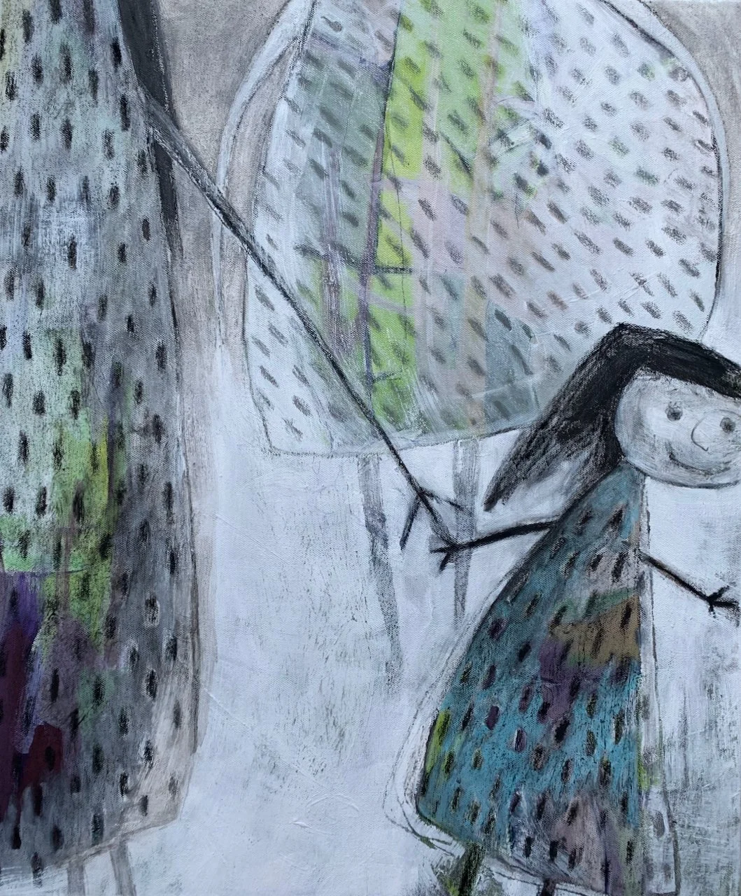 A childlike drawing of a girl holding the hand of a woman, with women in the background.