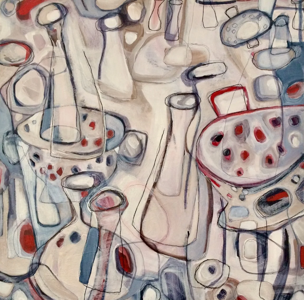 Abstract painting depicting various kitchen utensils such as pots, pans, and bottles in shades of white, red, black, and blue, with loose and expressive lines.
