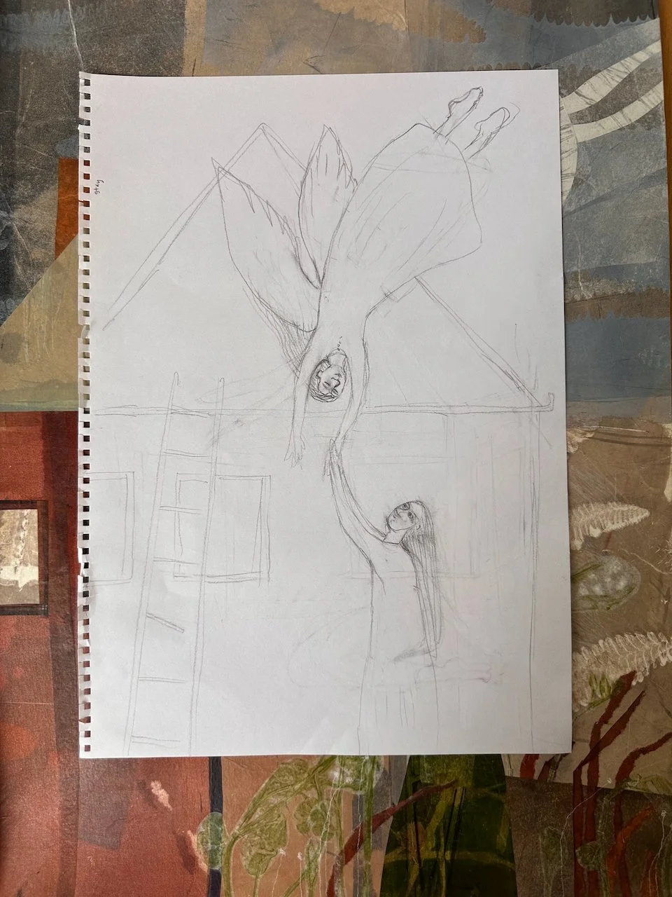 A pencil sketch of two women, one with wings, reaching out to each other inside a house with a ladder.