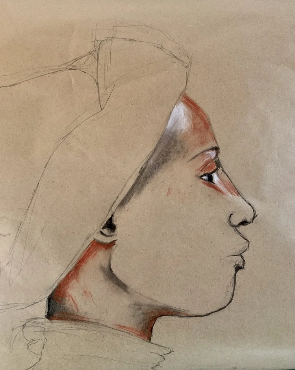 Sketch of a woman's profile with some colored shading on her face and neck, and light pencil lines indicating initial outlines.