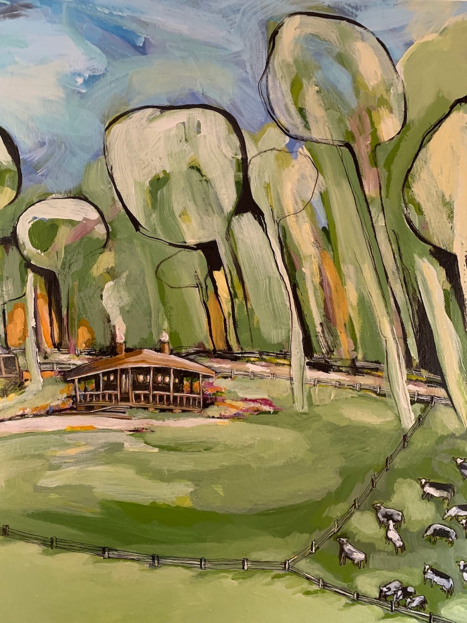 Painting of a farm scene with large trees, a wooden barn, a fence, and grazing goats.
